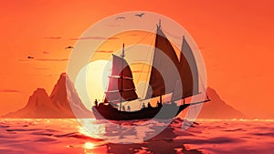 A beautiful sailboat gliding through the ocean as the sun sets on the horizon, Silhouette of a Chinese junk boat against a sunset