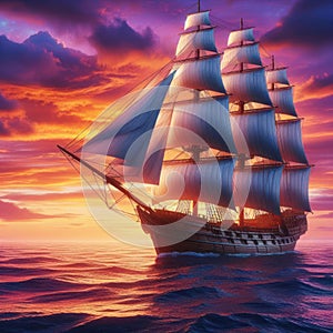 Beautiful sailing ship on the background of a sunny sunset.