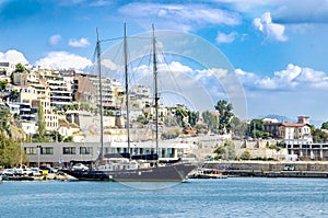 Beautiful sailing wooden yacht at marina Zeas in Piraeus city. Greece.