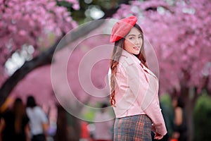 Beautiful sakura cherry blossoms tree full blooming in pink color.