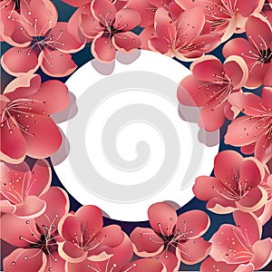 Beautiful Sakura Floral Template with White Round Frame. For Greeting Cards, Invitations, Announcements.