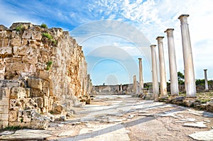 Beautiful Salamis ruins with antique columns in Northern Cyprus on a sunny day