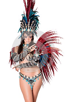 Beautiful samba dancer portrait, isolated on white