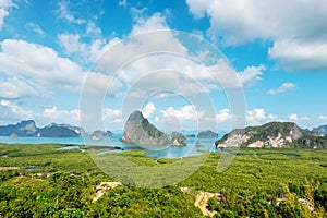 Beautiful Samet Nangshe Viewpoint with Andaman sea in Phang Nga Bay at evening, near Phuket, Thailand in travel trip and holidays