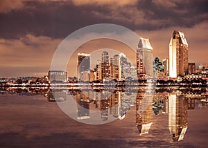 San Diego California skyline and bay seen at night