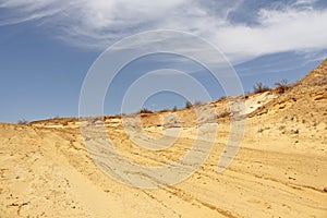 Beautiful sand desert with blue sky and white clouds. Dunes of the desert. Views of sand dunes