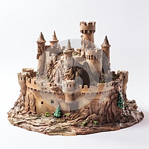 A beautiful sand fortress castle isolated on a white background. Realistic sand castle. The concept of summer holidays