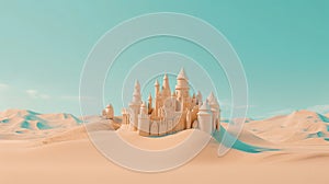 Beautiful sandcastle on the beach with sand on summer vacation. Travel vacations concept. Generative AI