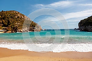 Beautiful sandy beach in a bay at Paleokastritsa in Corfu