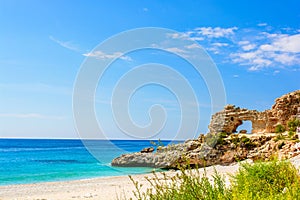 Beautiful sandy beach with a cliff. ionian sea in Dhermi, Albania