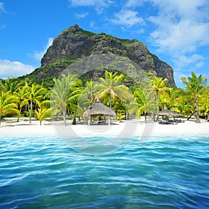 Beautiful sandy beach with Le Morne Brabant mountain on the south of Mauritius island. photo