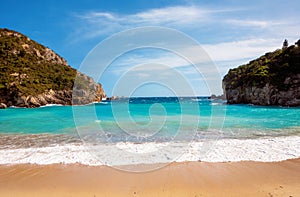 Beautiful sandy beach at Paleokastritsa in Corfu, Greece