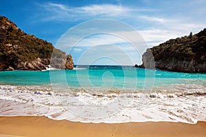 Beautiful sandy beach in Paleokastritsa in Corfu, Greece