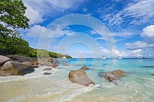 Beautiful sandy beach with  turquoise sea on Seychelles