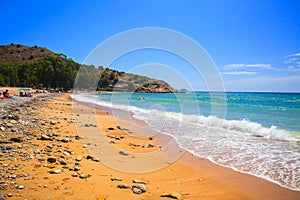 Beautiful sandy Cala Comte beach with azure blue sea water, Ibiza island, Spain