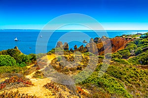 Beautiful sandy ciffs along Algarve ocean coast neer Lagos city, Portugal