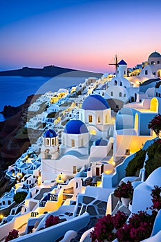 The beautiful Santorini, iconic whitewashed buildings, cobalt-blue domes, Greek island, sunset, dramatic cliffs, sea, travel
