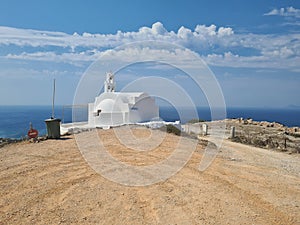 Beautiful Santorini island landscape with sea, sky and clouds. Oia town, Greece landmark