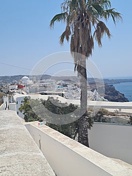 Beautiful Santorini island landscape with sea, sky and clouds. Oia town, Greece landmark