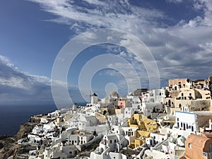 Santorini island at sunny day, viewpoint from Oia village, Santorini, Greece