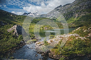 Beautiful Scandinavian landscape, mountains and a lake on the Vesteralen archipelago. Travel to Norway