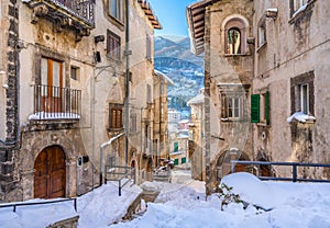 The beautiful Scanno covered in snow during winter season. Abruzzo, central Italy.