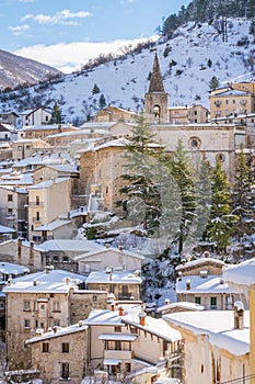 The beautiful Scanno covered in snow during winter season. Abruzzo, central Italy.