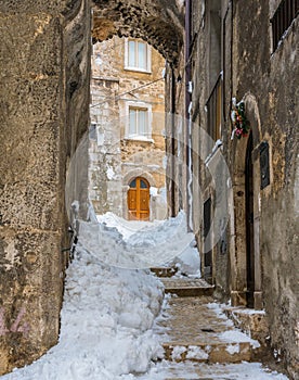 The beautiful Scanno covered in snow during winter season. Abruzzo, central Italy.