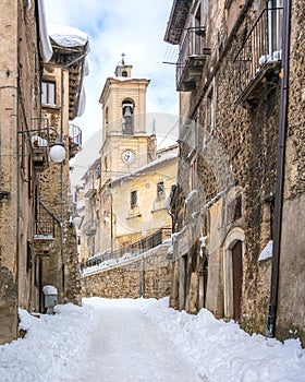 The beautiful Scanno covered in snow during winter season. Abruzzo, central Italy.