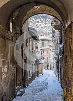 The beautiful Scanno covered in snow during winter season. Abruzzo, central Italy.