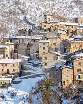 The beautiful Scanno covered in snow during winter season. Abruzzo, central Italy. photo