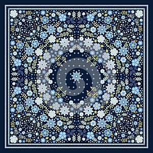 Beautiful scarf with blue flowers. Lovely tablecloth. Bandana print. Pillowcase. Print for fabric. Kerchief square design pattern photo