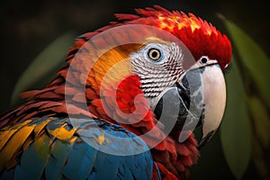 Beautiful Scarlet Macaw Close Up. Colorful and Vibrant Animal.