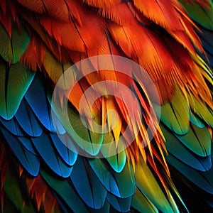 beautiful scarlet macaw feathers close-up, colorful background