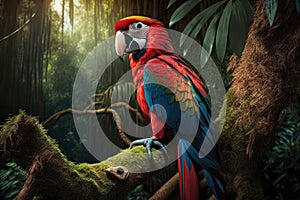 Beautiful Scarlet Macaw Full Body In Forest. Colorful and Vibrant Animal.