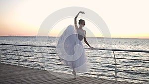 Beautiful scene of a ballet dancer near the crossbar stretching her legs, practicing classic pas. Morning marine view