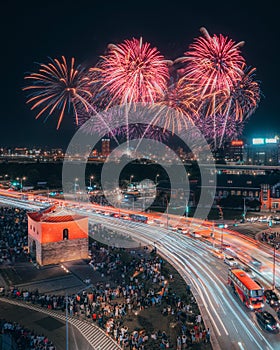 Beautiful scene of colorful fireworks in the night sky on the city of Taipei city at night