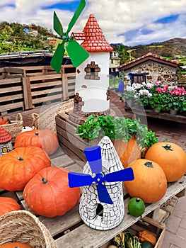 Beautiful scene with colorful pumpkins and windmill on autumn fair photo
