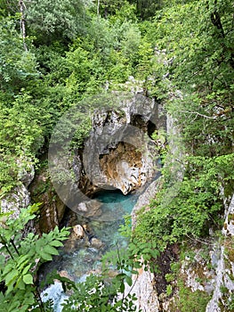 Beautiful scene of the gorge with the Soca or Isonzo river with the lush green forest background