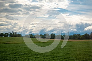 Beautiful scene of meadow with fresh green trees in rural area of Switzerland on cloudy sky look from train window