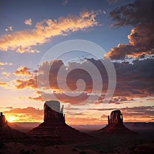 a beautiful scene of the Monument Valley Sunset under a colorful sky.