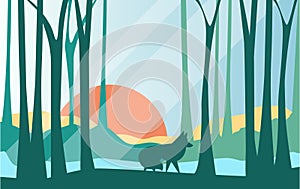 Beautiful scene of nature, peaceful landscape with forest and wolf at evening time, template for banner, poster