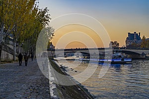 Beautiful Scene in Paris With Boat Cruise Fall Color Autumn Sunset and Famous Monuments