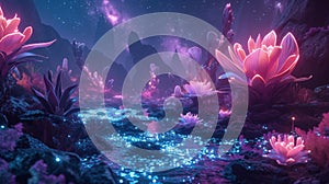 A beautiful scene of a river with pink flowers and glowing lights, AI