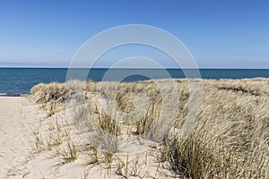 Beautiful scene of sand dunes covered with beach grass overlooking Lake Michigan with blue water and blue skies.