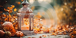 Beautiful scene with vintage lantern in autumn background.