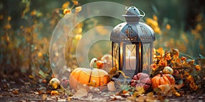 Beautiful scene with vintage lantern in autumn background.