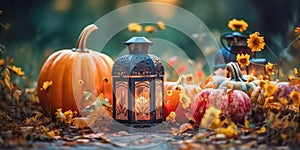 Beautiful scene with vintage lantern in autumn background.