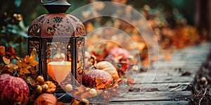 Beautiful scene with vintage lantern in autumn background.