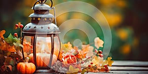 Beautiful scene with vintage lanterns in autumn background.